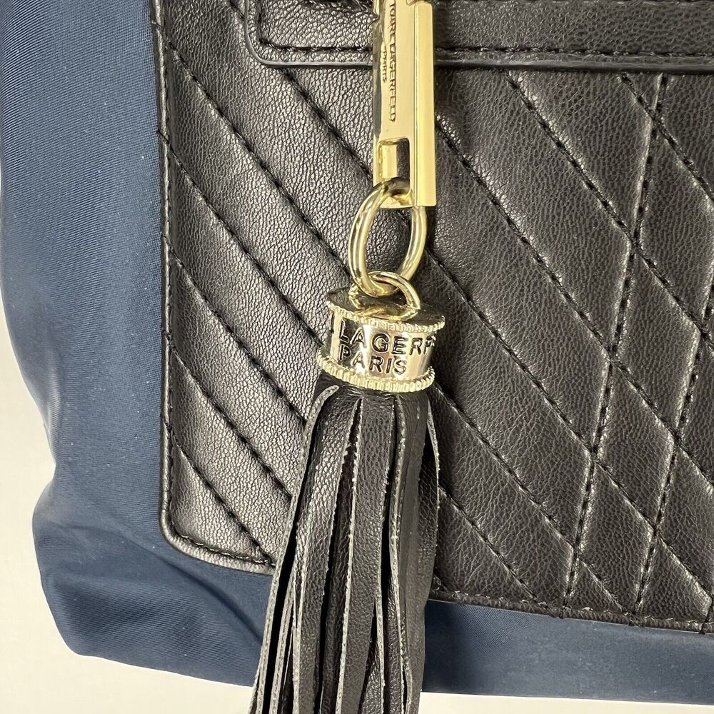 Karl Lagerfeld Paris Misto Black Leather and Blue Nylon Satchel Bag with Tags - Picture 3 of 15